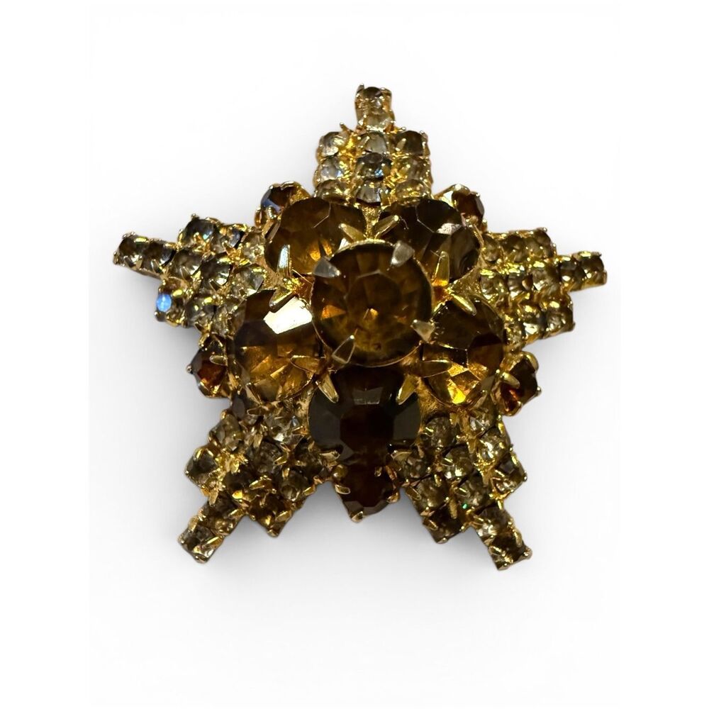 Vintage Gold Tone Star Brooch Champagne Crystal Rhinestone Statement Women